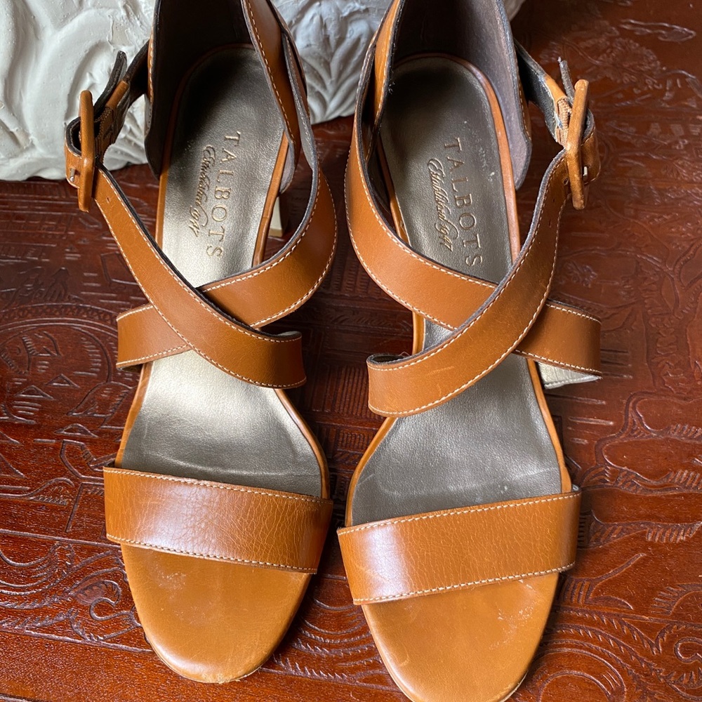 Talbots camel color leather heeled sandals.